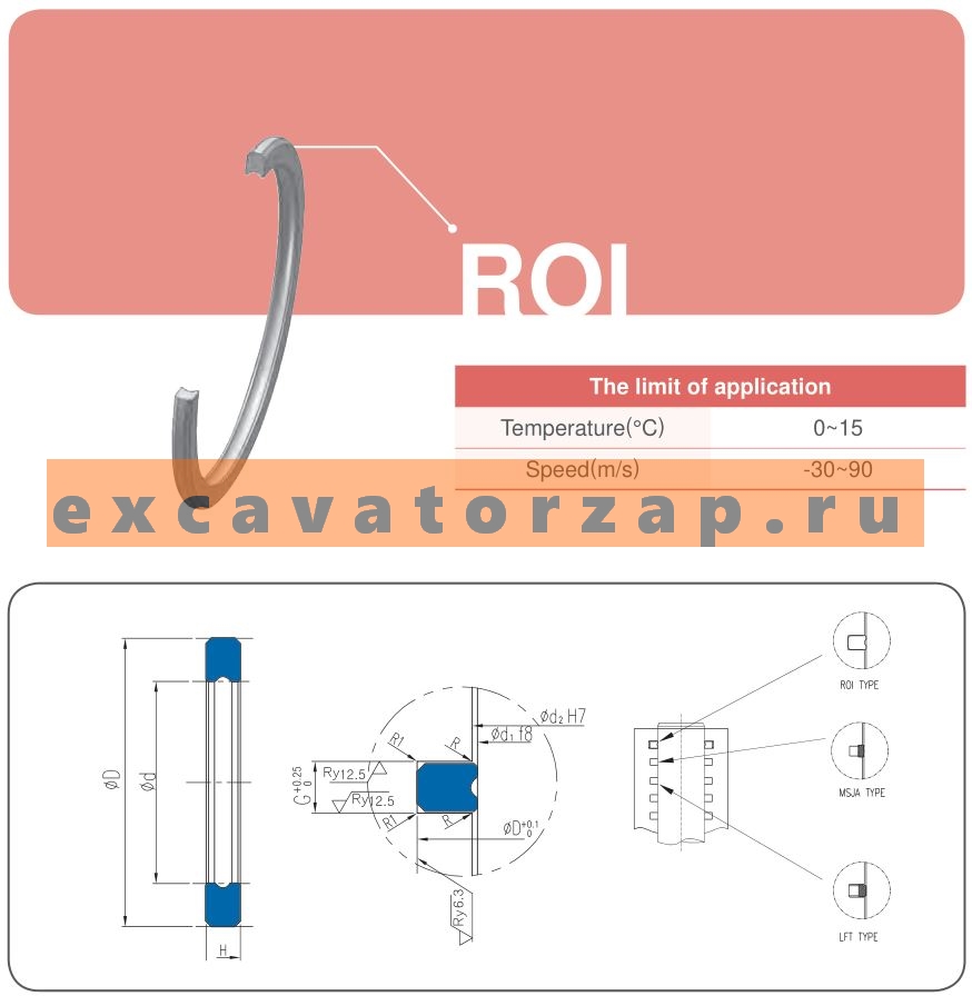 Уплотнение роторное ROI 90х100х5; 90-100-5 центрального коллектора (поворотного коллектора) экскаватора