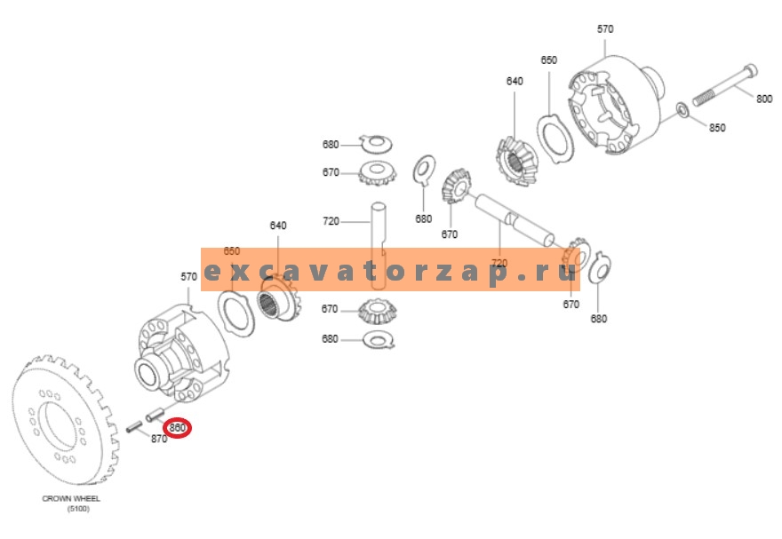 Штифт ZGAQ-02184 дифференциала переднего, заднего мостов экскаватора HYUNDAI R170W7, R170W7A, R170W9S, R180W9S