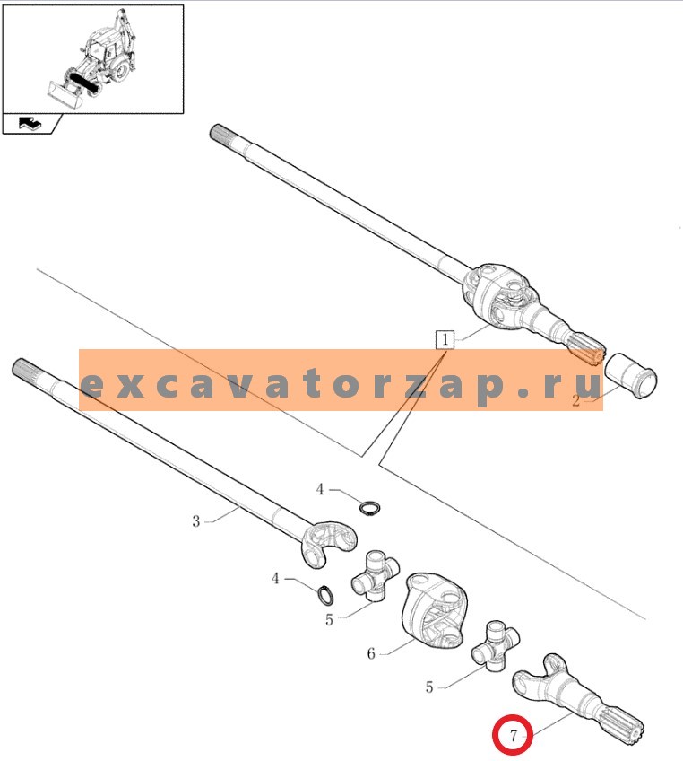 Полуось 84316955 (короткая) переднего моста экскаватора погрузчика CASE 570, Fiat-Hitachi