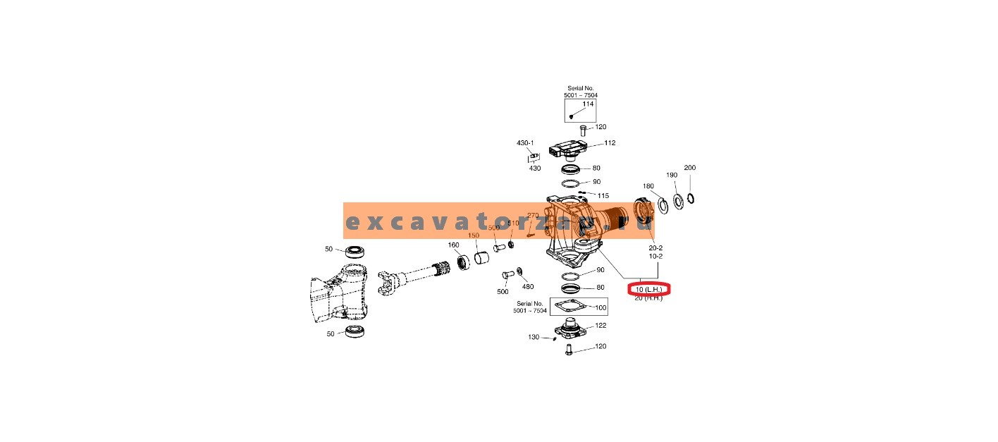 Кулак K9001496 поворотный левый переднего моста экскаватора Doosan DX140W, DX160W